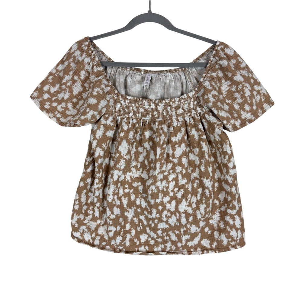 Joyspun Blouse Womens Small Beige Animal Print Square Neck Short Sleeve Top